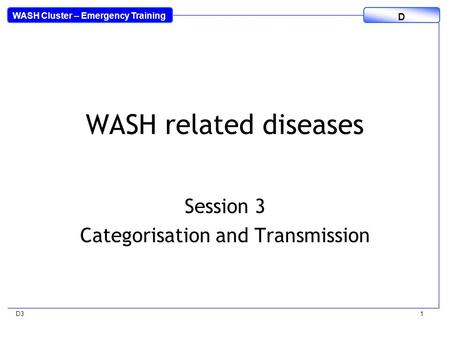 WASH Cluster – Emergency Training D D31 WASH related diseases Session 3 Categorisation and Transmission.