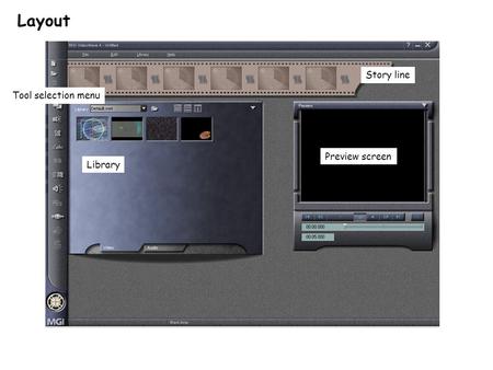 Layout Library Story line Preview screen Tool selection menu.