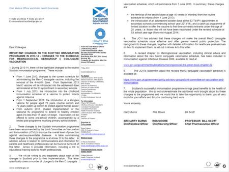 Contents  Describe epidemiology of meningococcal serogroups C disease  What, why and when are the changes happening  Which vaccines are recommended?