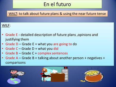 En el futuro WALT: to talk about future plans & using the near future tense WILF: Grade E - detailed description of future plans,opinions and justifying.