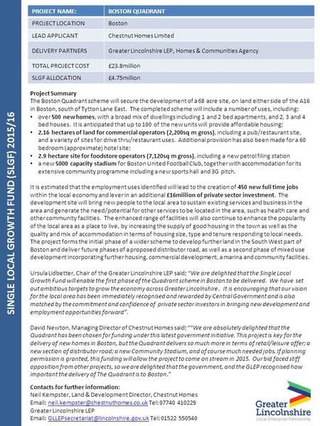 SINGLE LOCAL GROWTH FUND (SLGF) 2015/16 PROJECT NAME:BOSTON QUADRANT PROJECT LOCATIONBoston LEAD APPLICANTChestnut Homes Limited DELIVERY PARTNERSGreater.