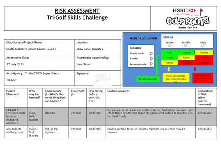 Club/Society/Project Name: South Yorkshire School Games Level 3 Location: Shaw Lane, Barnsley Assessment Date: 3 rd July 2013 Assessment Approved by: Ivan.