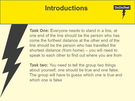 Introductions Task One: Everyone needs to stand in a line, at one end of the line should be the person who has come the furthest distance at the other.