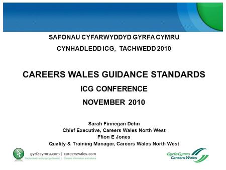 SAFONAU CYFARWYDDYD GYRFA CYMRU CYNHADLEDD ICG, TACHWEDD 2010 CAREERS WALES GUIDANCE STANDARDS ICG CONFERENCE NOVEMBER 2010 Sarah Finnegan Dehn Chief Executive,