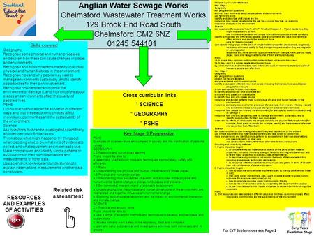 Anglian Water Sewage Works Chelmsford Wastewater Treatment Works 129 Brook End Road South Chelmsford CM2 6NZ 01245 544101 Cross curricular links * SCIENCE.