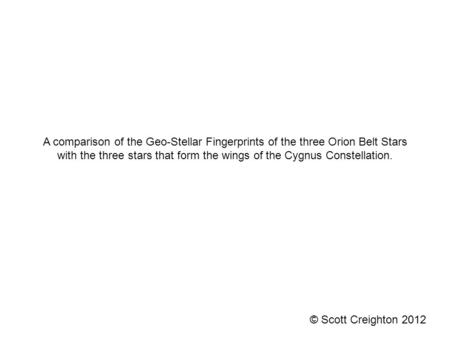 A comparison of the Geo-Stellar Fingerprints of the three Orion Belt Stars with the three stars that form the wings of the Cygnus Constellation. © Scott.