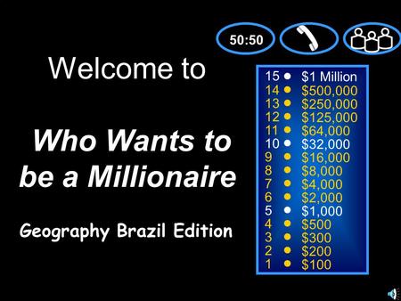 15 14 13 12 11 10 9 8 7 6 5 4 3 2 1 $1 Million $500,000 $250,000 $125,000 $64,000 $32,000 $16,000 $8,000 $4,000 $2,000 $1,000 $500 $300 $200 $100 Welcome.