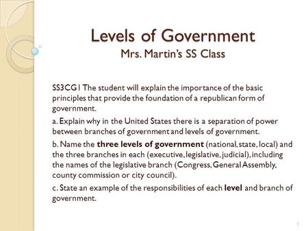 Levels of Government Mrs. Martin’s SS Class