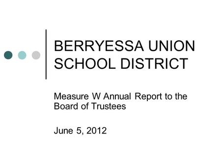 BERRYESSA UNION SCHOOL DISTRICT Measure W Annual Report to the Board of Trustees June 5, 2012.