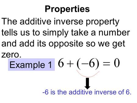 Properties The additive inverse property tells us to simply take a number and add its opposite so we get zero. Example 1 -6 is the additive inverse of.