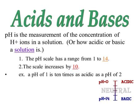 PH is the measurement of the concentration of H+ ions in a solution. (Or how acidic or basic a solution is.) 1. The pH scale has a range from 1 to 14.