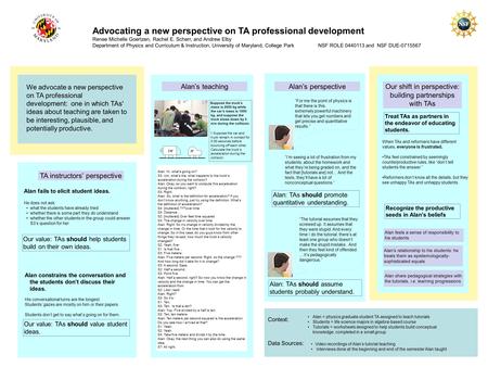 Advocating a new perspective on TA professional development Renee Michelle Goertzen, Rachel E. Scherr, and Andrew Elby Department of Physics and Curriculum.