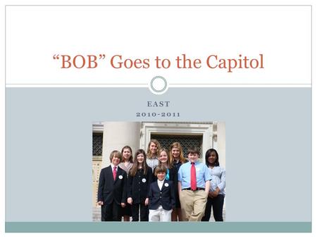 EAST 2010-2011 “BOB” Goes to the Capitol. “BOB” Being Our Best is a campaign designed to help us develop a school wide program to promote positive social.