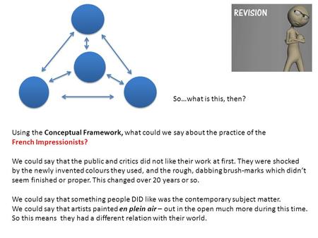 So…what is this, then? Using the Conceptual Framework, what could we say about the practice of the French Impressionists? We could say that the public.