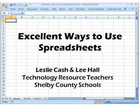 Excellent Ways to Use Spreadsheets Leslie Cash & Lee Hall Technology Resource Teachers Shelby County Schools.