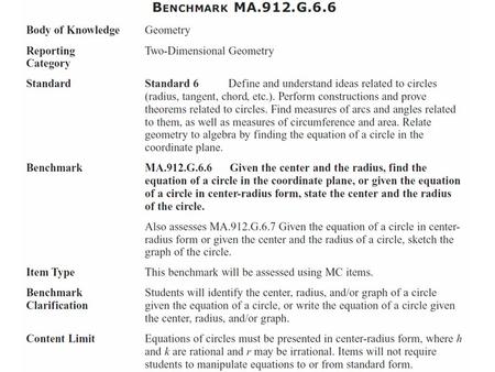 Geometry Mini-Lesson Circle C is defined by the equation: (x + 4.2)2 + (y − 5.1)2 = 36 Which of the following identifies the center C (h, k) and radius.