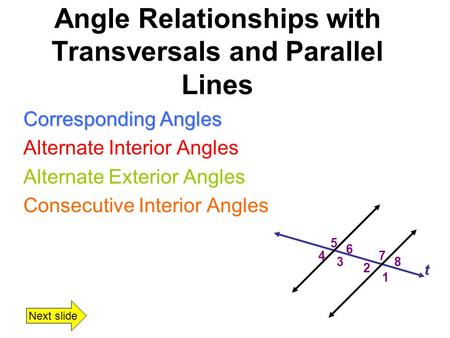 Corresponding Angles Alternate Interior Angles Alternate Exterior Angles Consecutive Interior Angles 1 2 3 4 5 6 7 8 t Angle Relationships with Transversals.