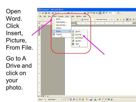 Open Word. Click Insert, Picture, From File. Go to A Drive and click on your photo.