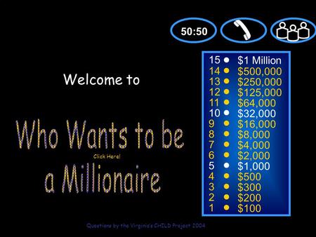 15 14 13 12 11 10 9 8 7 6 5 4 3 2 1 $1 Million $500,000 $250,000 $125,000 $64,000 $32,000 $16,000 $8,000 $4,000 $2,000 $1,000 $500 $300 $200 $100 Welcome.