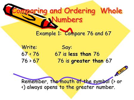 Comparing and Ordering Whole Numbers Example 1: Compare 76 and 67 Write:Say: 67 < 76 67 is less than 76 76 > 67 76 is greater than 67 Remember, the mouth.