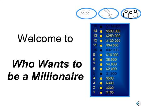 15 14 13 12 11 10 9 8 7 6 5 4 3 2 1 $1 Million $500,000 $250,000 $125,000 $64,000 $32,000 $16,000 $8,000 $4,000 $2,000 $1,000 $500 $300 $200 $100 Welcome.