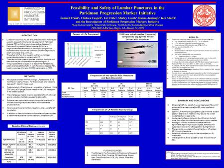 SUMMARY AND CONCLUSIONS  Obtaining CSF in a cohort of newly diagnosed PD and HV subjects with a mean age about 60 years is safe and feasible.  Specific.