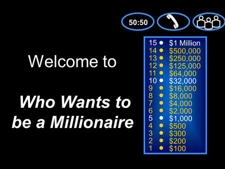 15 14 13 12 11 10 9 8 7 6 5 4 3 2 1 $1 Million $500,000 $250,000 $125,000 $64,000 $32,000 $16,000 $8,000 $4,000 $2,000 $1,000 $500 $300 $200 $100 Welcome.