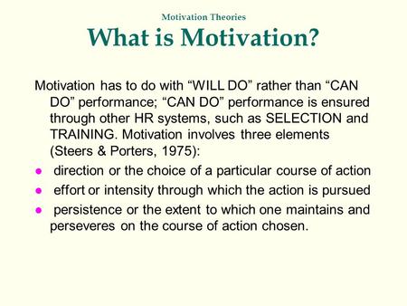 Motivation Theories What is Motivation? Motivation has to do with “WILL DO” rather than “CAN DO” performance; “CAN DO” performance is ensured through other.