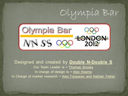 Designed and created by Double N-Double S Our Team Leader is = Thomas Brooks In charge of design is = Alex Kearns In Charge of market research = Alex Ferguson.