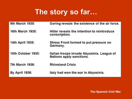 The Spanish Civil War The story so far… 9th March 1935:Goring reveals the existence of the air force. 16th March 1935:Hitler reveals the intention to reintroduce.