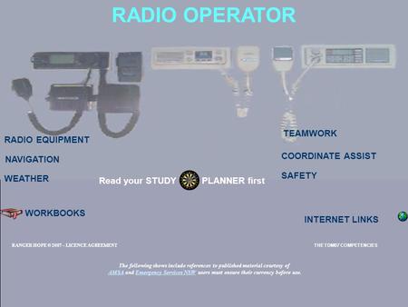 RADIO OPERATOR RADIO EQUIPMENT TEAMWORK SAFETY Read your STUDY PLANNER first NAVIGATION WORKBOOKS INTERNET LINKS WEATHER COORDINATE ASSIST RANGER HOPE.