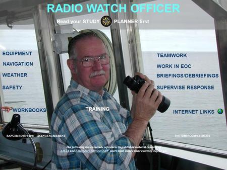 RADIO WATCH OFFICER EQUIPMENT SAFETY BRIEFINGS/DEBRIEFINGS Read your STUDY PLANNER first SUPERVISE RESPONSE NAVIGATION WORKBOOKS INTERNET LINKS WEATHER.