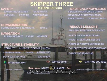 MARINE RESCUE MARITIME COURSESWORKBOOKS INTERNET LINKS SAFETY COMMUNICATION & TEAMWORK SEAWORTHINESS DOMESTIC REGS. WEATHER RADIO PLAN & NAVIGATE SKIPPER.