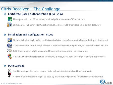 © 2011 All rights reserved to Ceedo. Ceedo - Flexible Computing Certificate-Based Authentication (CBA - 2FA) The organization MUST be able to positively.