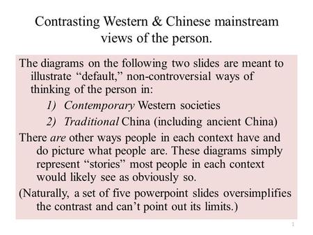 Contrasting Western & Chinese mainstream views of the person. The diagrams on the following two slides are meant to illustrate “default,” non-controversial.