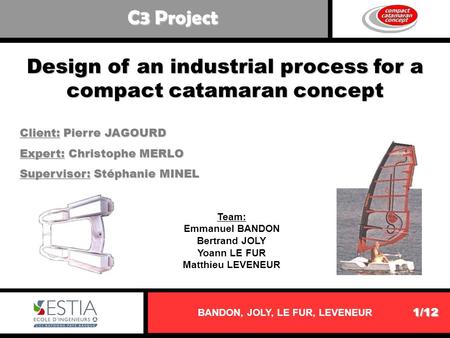 Design of an industrial process for a compact catamaran concept BANDON, JOLY, LE FUR, LEVENEUR Client: Pierre JAGOURD Expert: Christophe MERLO Supervisor: