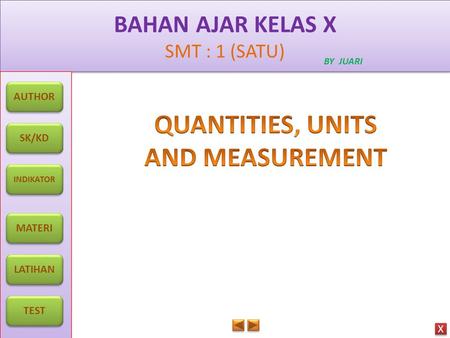 BAHAN AJAR KELAS X SMT : 1 (SATU) BAHAN AJAR KELAS X SMT : 1 (SATU) X X BY JUARI AUTHOR SK/KD INDIKATOR MATERI LATIHAN TEST.