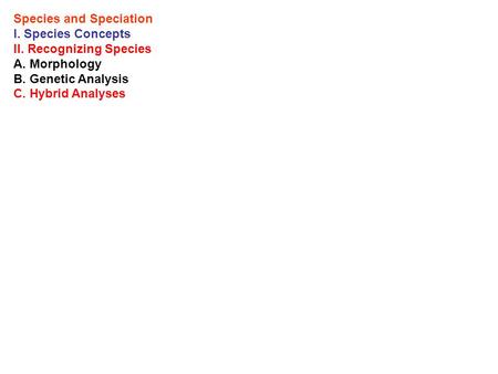 Species and Speciation I. Species Concepts II. Recognizing Species A. Morphology B. Genetic Analysis C. Hybrid Analyses.