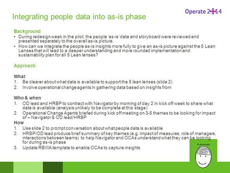 Integrating people data into as-is phase Background During redesign week in the pilot, the people ‘as-is’ data and storyboard were reviewed and presented.