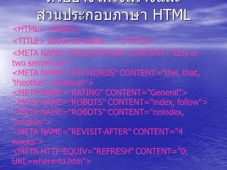 ตัวอย่างโครงสร้างและ ส่วนประกอบภาษา HTML about 10 words BACKGROUND=name.gif BGCOLOR=#0000FF TEXT=#000000 LINK=#0000FF VLINK=#FF00FF ALINK=#FF0000