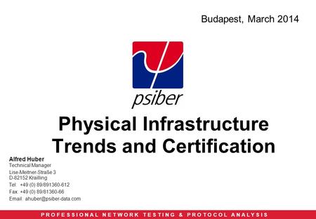 P R O F E S S I O N A L N E T W O R K T E S T I N G & P R O T O C O L A N A L Y S I S Physical Infrastructure Trends and Certification Budapest, March.