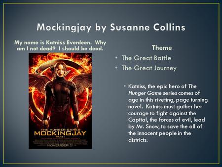 My name is Katniss Everdeen. Why am I not dead? I should be dead. Theme The Great Battle The Great Journey Katniss, the epic hero of The Hunger Game series.