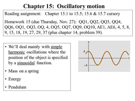 We’ll deal mainly with simple harmonic oscillations where the position of the object is specified by a sinusoidal function. Mass on a spring Energy Pendulum.