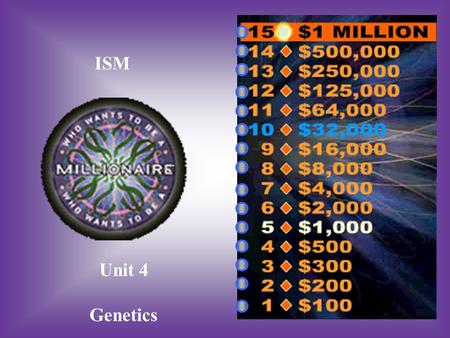 ISM Unit 4 Genetics A:B: ChromosomeGenotype #1 A specific part of a DNA that when transcribed and Translated forms a specific polypeptide. C:D: AlleleGene.