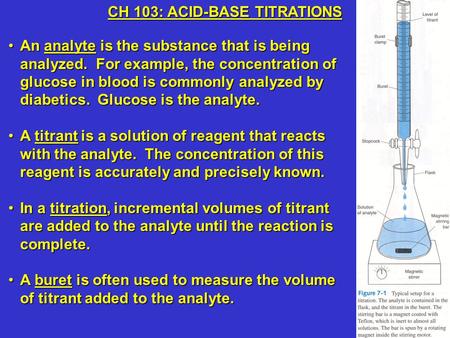 An analyte is the substance that is being analyzed. For example, the concentration of glucose in blood is commonly analyzed by diabetics. Glucose is the.