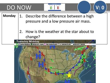 DO NOW V: 0 Monday Describe the difference between a high pressure and a low pressure air mass. How is the weather at the star about to change?