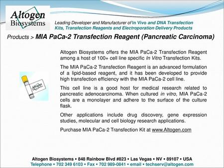 Products > MIA PaCa-2 Transfection Reagent (Pancreatic Carcinoma)