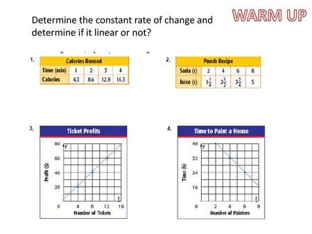 WARM UP Determine the constant rate of change and determine if it linear or not?