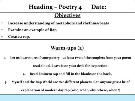 Read Eminem rap and fill in the blanks on the back.