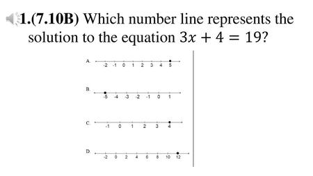 2.  (7.10B) Which number line represents the  solution to the inequality 6